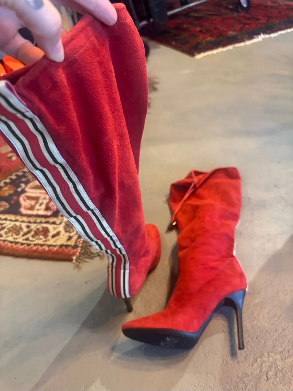 Y2K Steven by Steve Madden Red Suede Knee High Boot with Racing Stripe Detail